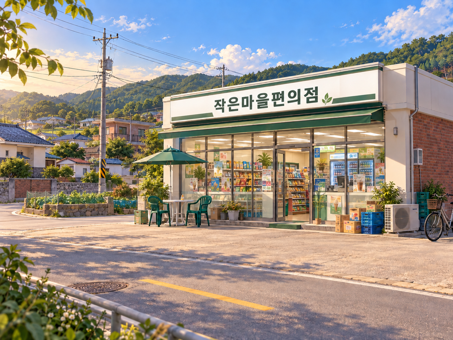 섭하리 작은마을편의점의 초록색 간판과 마을 풍경